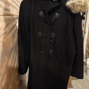 Women's Black Toggle Coat with Faux Fur Hood